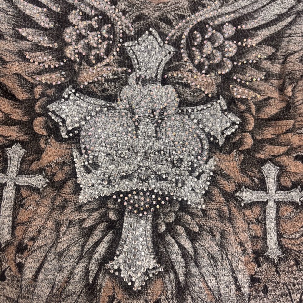 Angels & Diamonds Y2K Winged Cross Rhinestone Top Lace Sleeve Burnout Womens Med - Picture 3 of 9